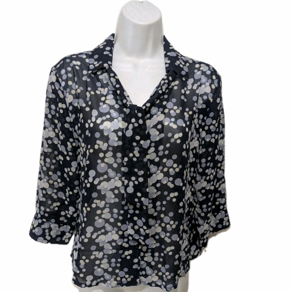NWT Old Navy Collection Navy Chiffon Tie Neck Button Blouse Top M Polka Dot #750